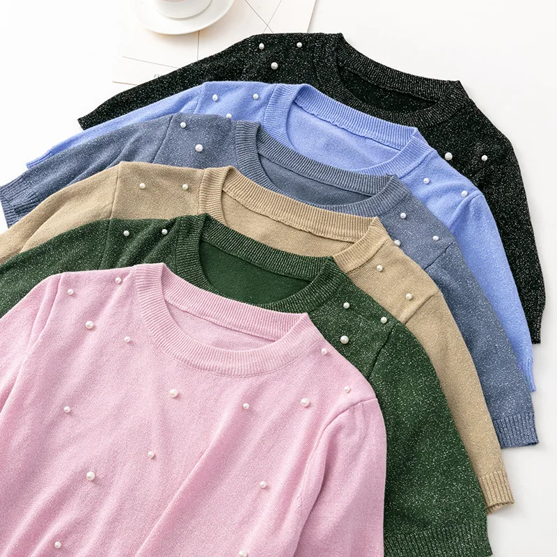 

Женская трикотажная футболка с бисером, топ с люрексом и блестками, черная белая футболка для женщин, футболки с коротким рукавом, лето 2020