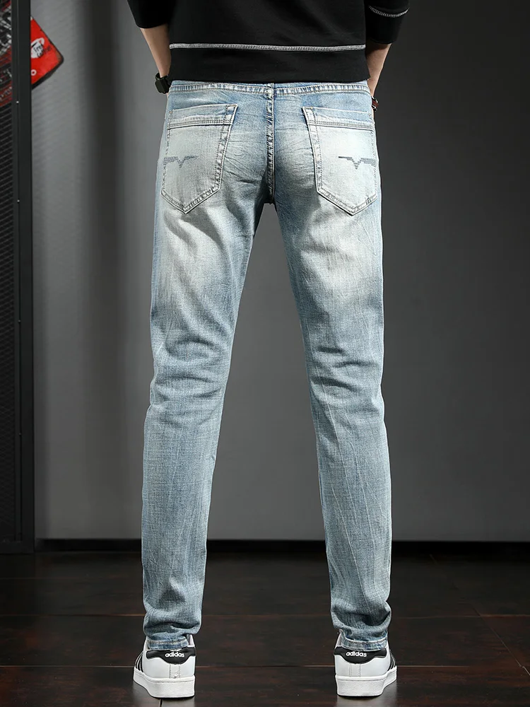 

Men Fashion Blue Ripped Patch Jeans Streetwear Cotton Straight Denim Pants