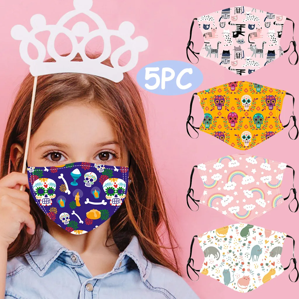 

5pcs Children Cartoon Print Mask Reusable And Adjustable Mouth Mask Pm2.5 Outdoor Dustproof Sunscreen Face Mask Mascarillas #FS