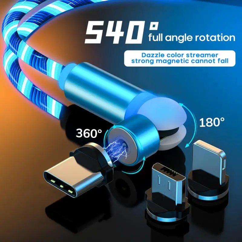 

540 Degree Glowing Mobile Phone Magnetic Charging Cable LED light Micro USB Type C For Apple Android Charger Charge Wire Cord