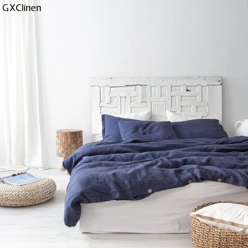 Ручная работа синего цвета льняное покрывало простынь и наволочки для подушек