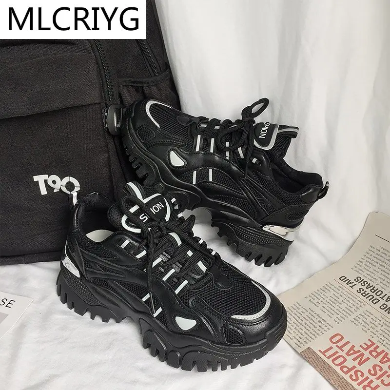 

Female Sneakers Chunky Dad Shoes Lace-Up Mesh Breathable Reflective Fashio Shallow Fashionable Black Ladies Women's Casual Shoes