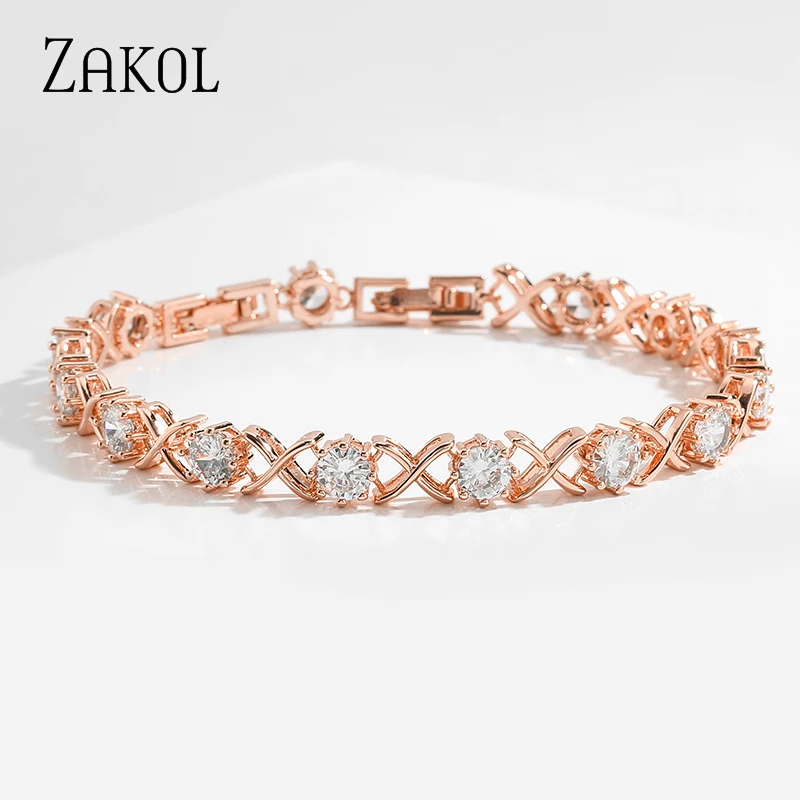 

ZAKOL Luxury Three Colors Plating Clear White Round Cubic Zirconia Chain & Link Bracelets Women Wedding Party Jewelry FSBP2176