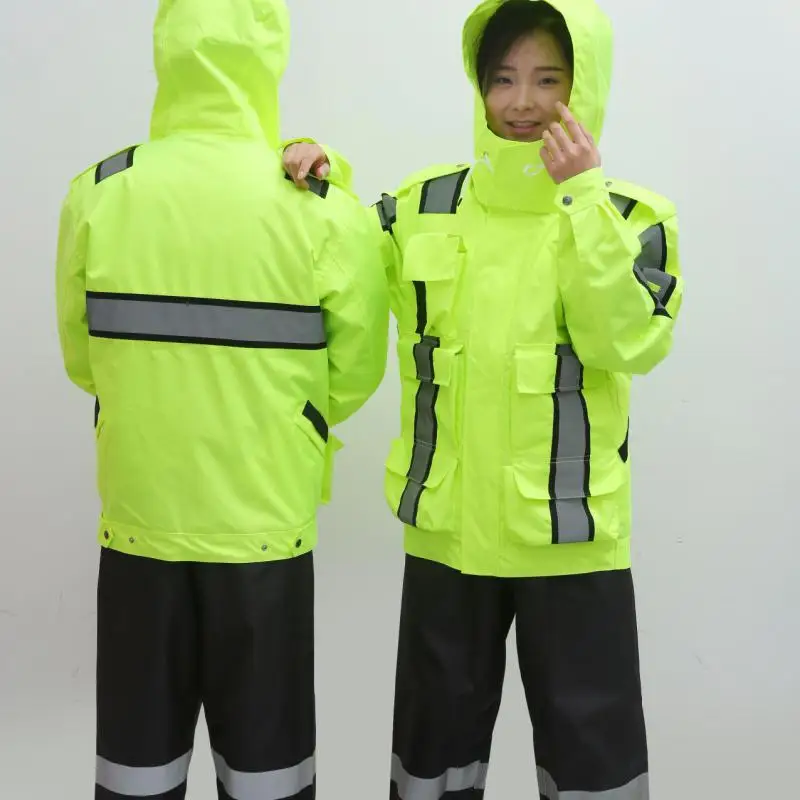 

Fluorescent Green Outdoor Reflective Safety Tooling Raincoat Set Thicken Hooded Rainwear Pockket Rainwear High Quality Rain Coat