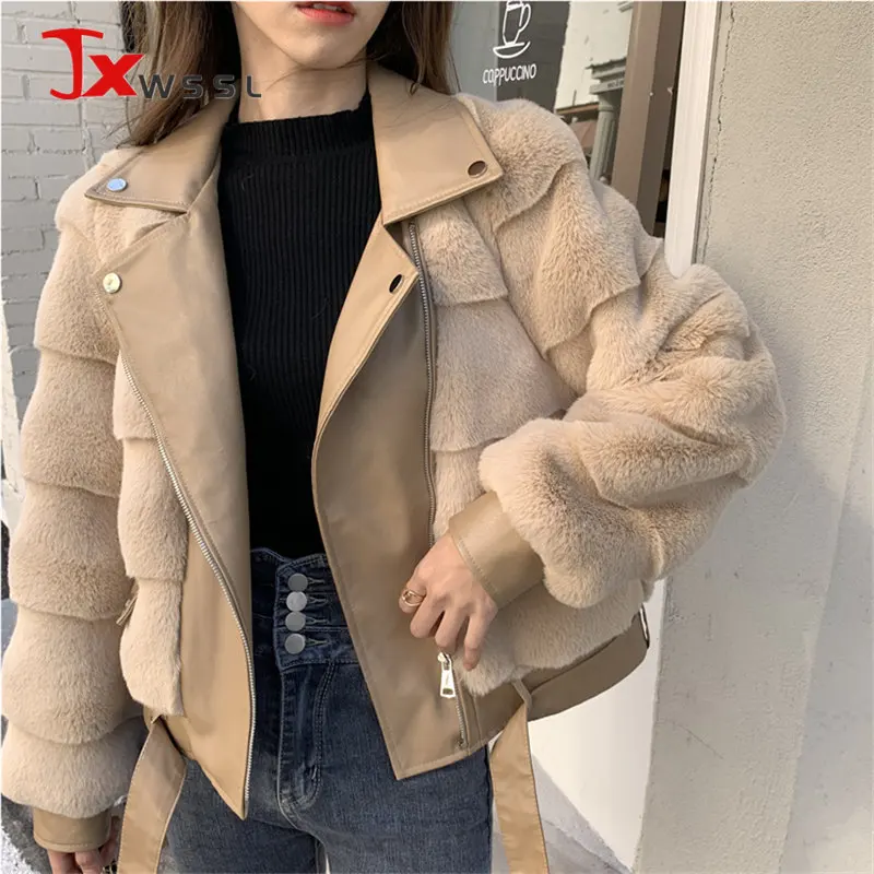 

Mink Fur Jacket Women Korean New Fashion Trend PU Splicing Motorcycle Leather Jacket Winter Faux lamb hair Warm Short Fur Coat