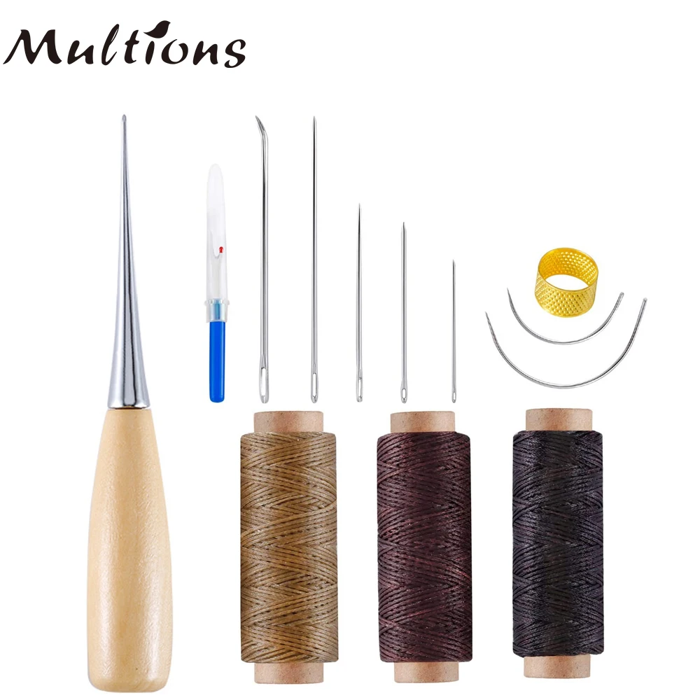 

13pcs Leather Craft Tools Kit Curved Upholstery Hand Sewing Needles &Leather Waxed Thread & Wooden Awl DIY Leather Repair Tools