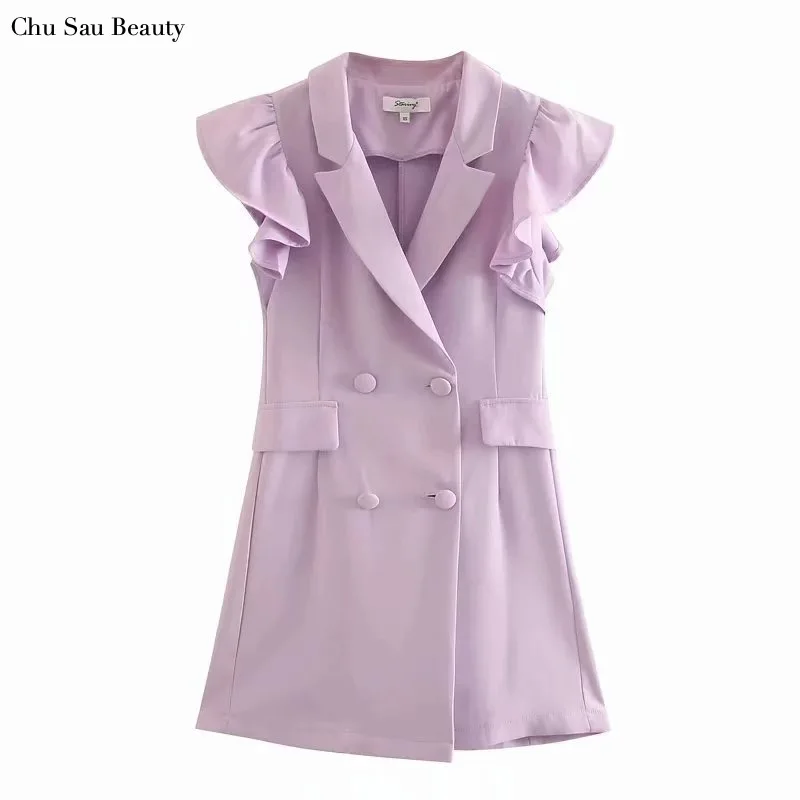 

2021 Ladies Business Office Fashion Solid Color Slim Fit Shirt Dress Suit Collar V-neck Flying Sleeve Sleeveless Casual Dress