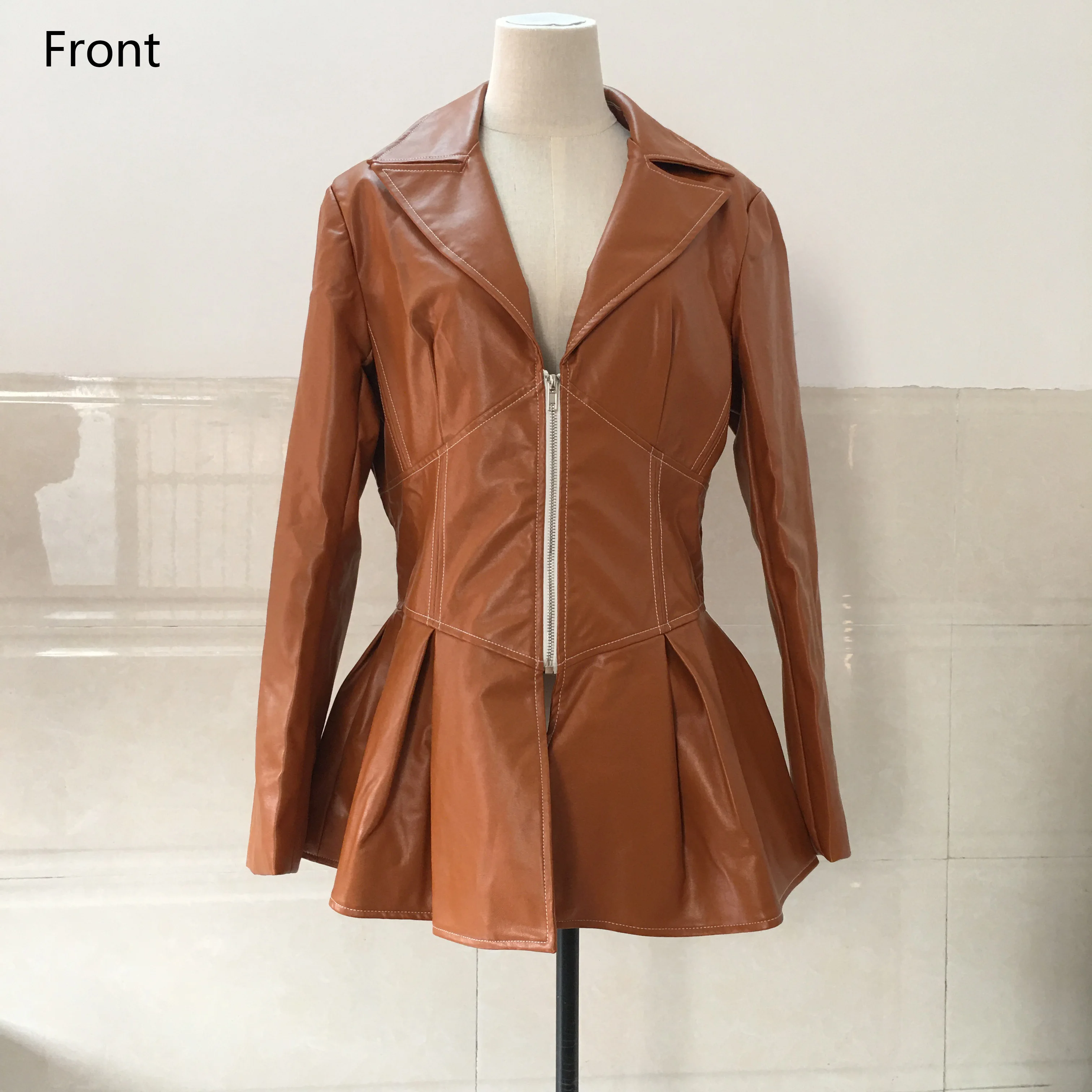 PU Jackets for Womens Solid Zipper Full Sleeve Slim A Line Notched Collar Luxury Elegant High Street Wear Outwears Coats Jackets