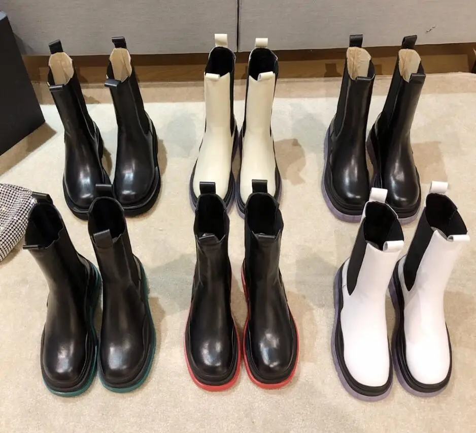 

Mixed Color Leather Platform Chelsea Boots Sole Elastic Stitching Knight Colorful Women Ankle Boots New Style Autumn Shoes