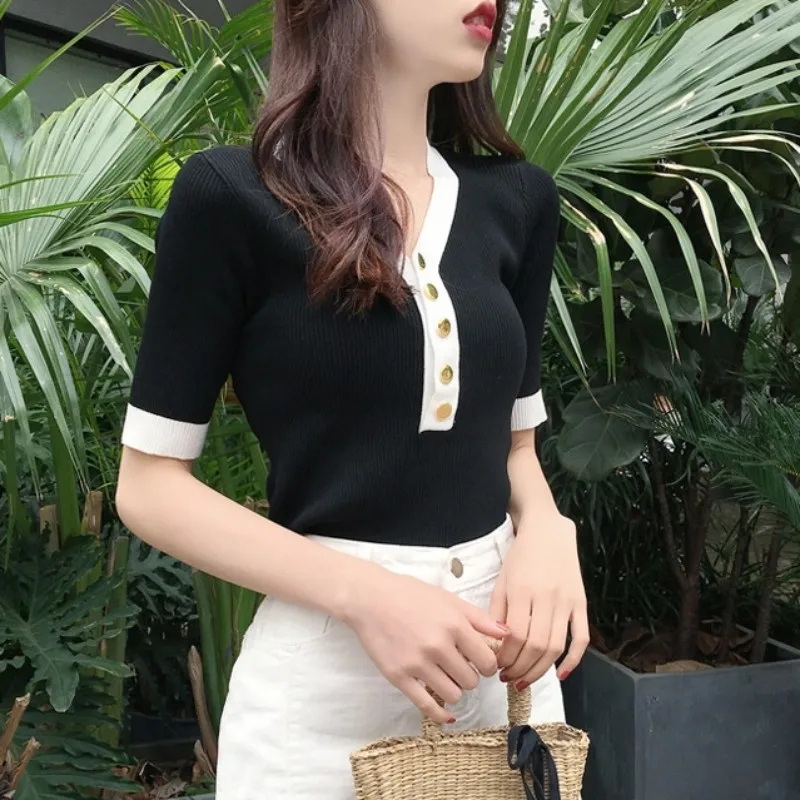 

Summer V-Neck Slim Fit Patchwork White Tops Office Ladies Elegant Knitting Short Sleeve Black T-Shirt Women Fashion Simple Tees