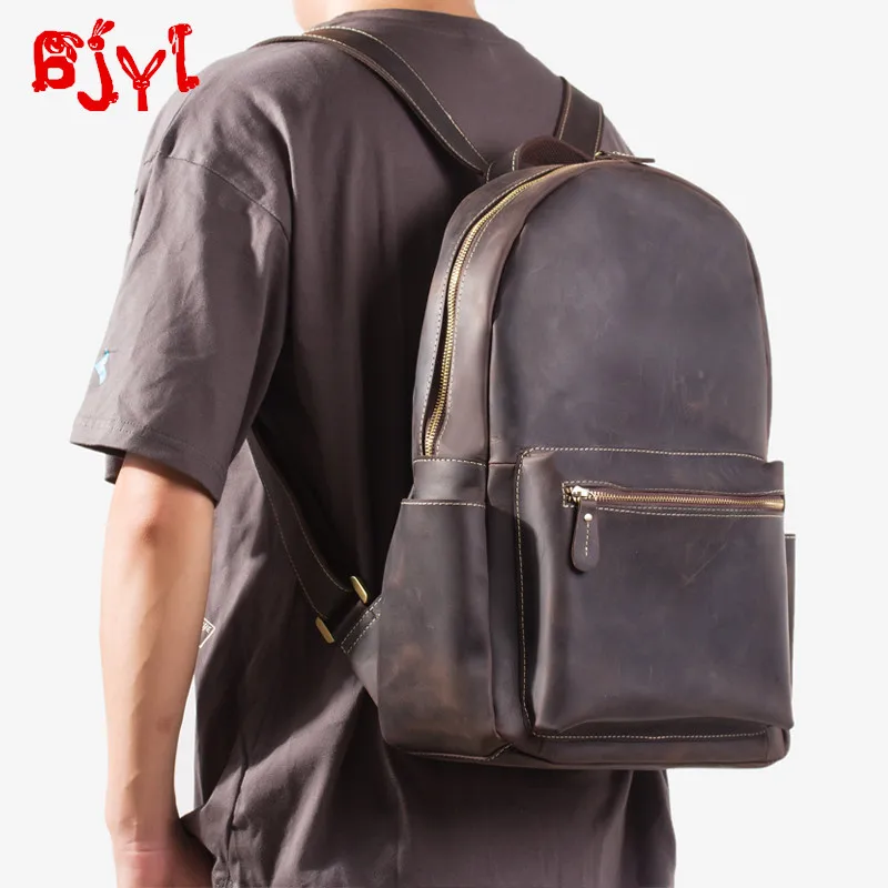 

Handmade leather retro men's backpack crazy horse leather casual men travel backpacks leather student bag big computer bags