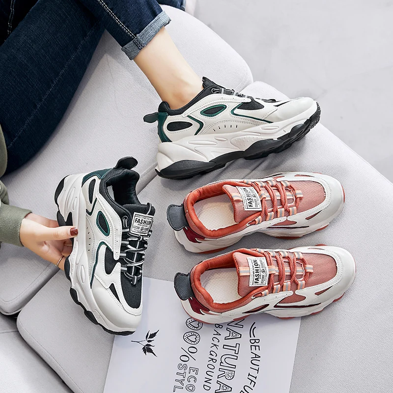 

Platform Sneakers Women Chunky Sport Shoes Fashion 2021 Spring Lace Up Black Thick Sole Mesh Leisure Breathable Comfortable
