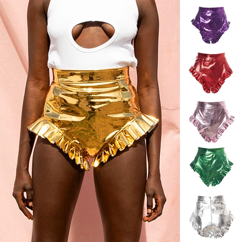 

Summer Ruffle Solid Holiday Zipper PU Leather Shorts Women Streetwear High Waist Sexy Night Club Shorts Y2K