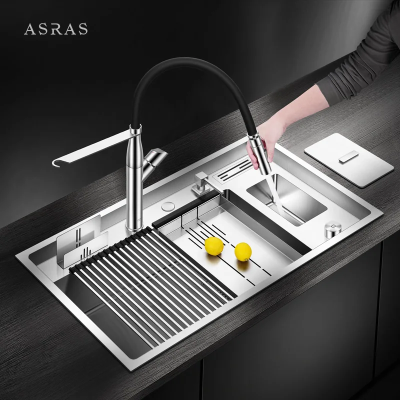 Asras 8649l + 3059 SUS304 ручная работа кухонная раковина с щеткой с сливным и кухонным краном производство, один щелчок управления столом дренаж