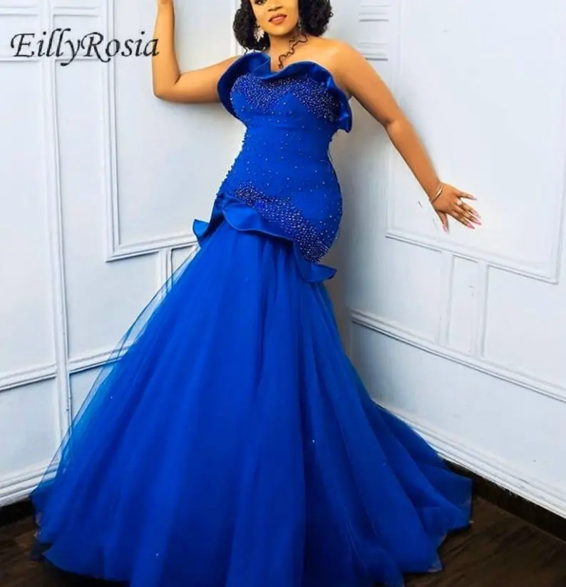 

Royal Blue Beading Evening Dresses Mermaid Strapless Top Tulle Bottom African Women Evening Gowns for Engagement Prom Party