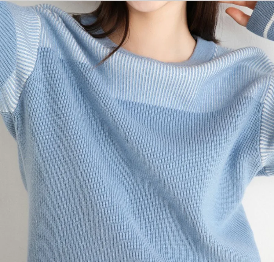 

o-neck loose sweater women's top striped long sleeves 2020 new autumn and winter inner base sweater small fresh hit color