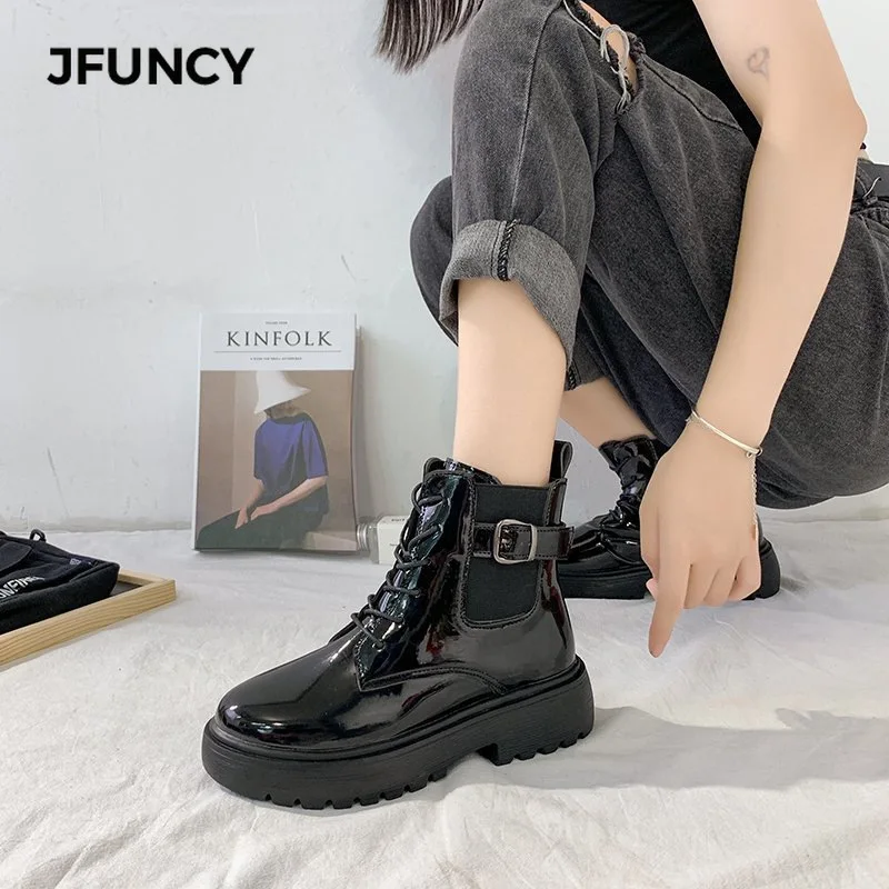 

JFUNCY Women's Shooes Martin Boot British Style Gothic Ankle Platform Shoe Fashion Lace Up Buckle Goth Punk Women Boots