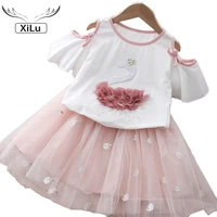 girls clothing cartoon female baby swan embroidered petal sleeve shirt t shirt solid color gauze skirt two piece suit