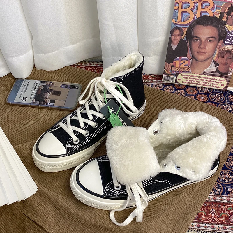 

Туфли женские на меху, высокие холщовые кроссовки с плюшевой подкладкой, простая обувь для отдыха, Размеры 35-44, водонепроницаемые, хлопковая...