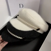 mink fur navy hat for women all match plush decorative pearl cap girl high quality fashion brand luxury casual warm hats female