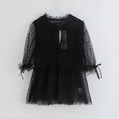 Увядшие blusas mujer de moda Англия Стиль горошек Марля Перспектива рубашка-кимоно блузка женские топы и блузки - Цвет: Черный