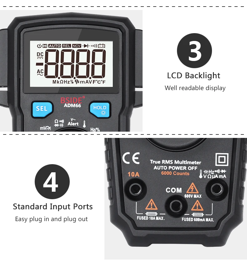 Portable Digital Multimeter BSIDE ADM66 Auto Range True RMS Multimetro DC AC Voltmeter Ammeter Thermometer Ohm diode Tester | Инструменты