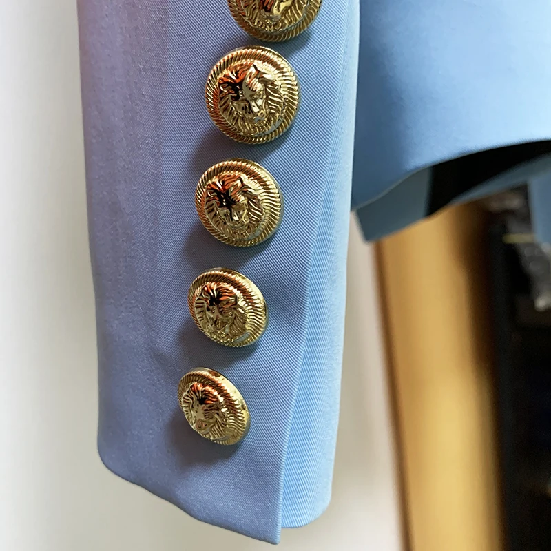 

HIGH STREET Newest 2021 Designer Jacket Fashion Women's Classic Slim Fitting Double Breasted Lion Buttons Blazer Baby Blue