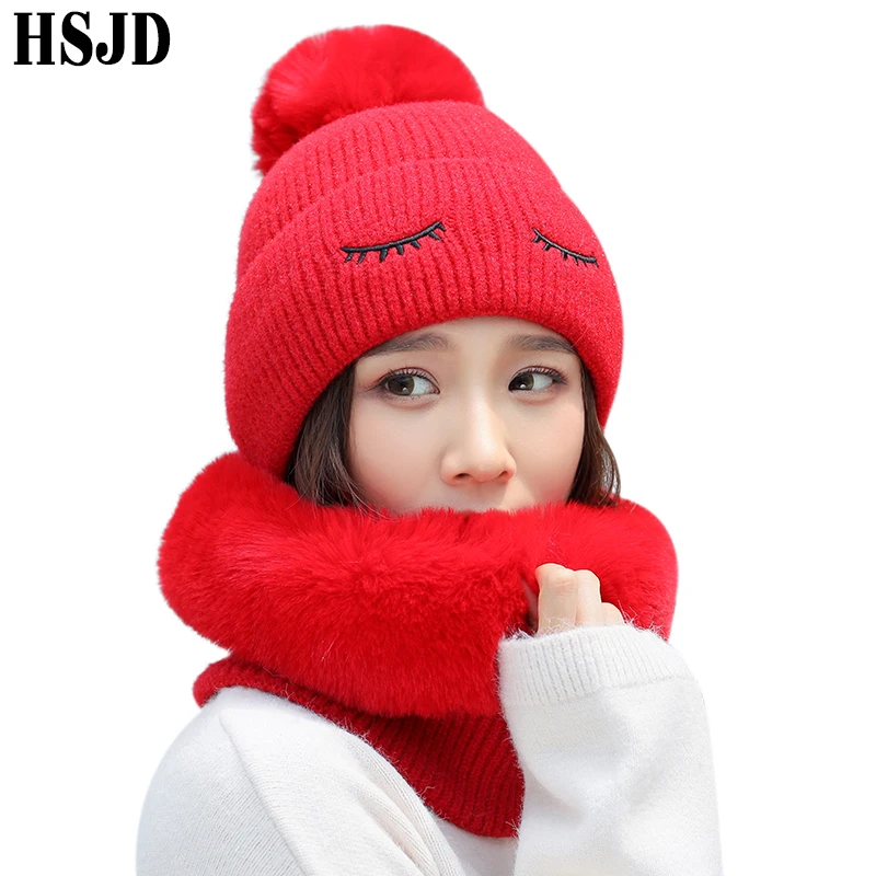 Милый ресницы зимний женский вязаный набор шапки и шарфа теплый норковый