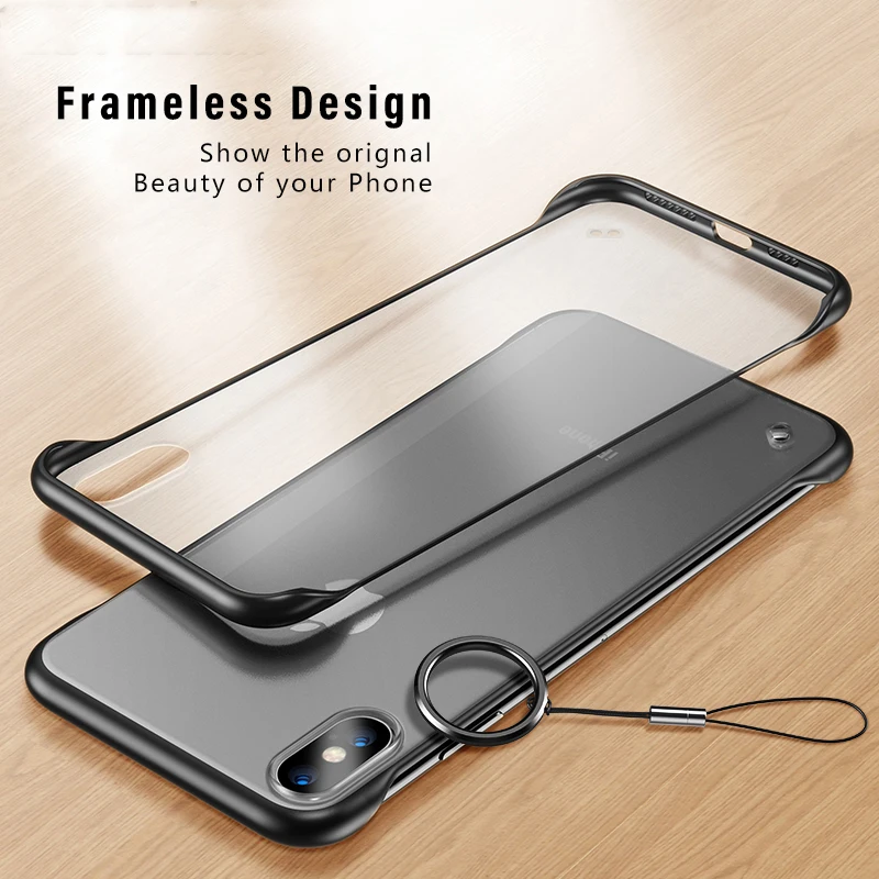 

Frameless Ring Design Case For iPhone 11 Pro Max XR XS Max 7 8 Plus X Metal Hanging Rope Matte Hard PC Phone back Cover