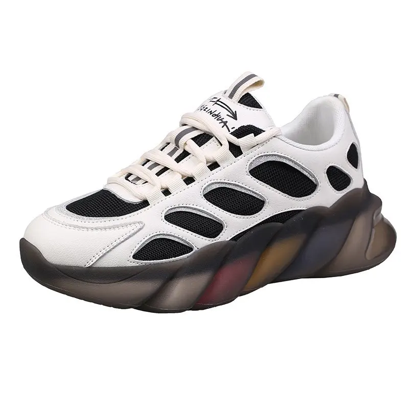 

Women Chunky Sneakers Leather Mesh Mixed Colors Rainbow Cross-Tied Fashion Platform Lady Casual Handmade Shoes