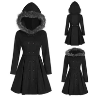 stylish women coat waist tight autumn winter plush hooded solid color elegant coat retro coat casual coat