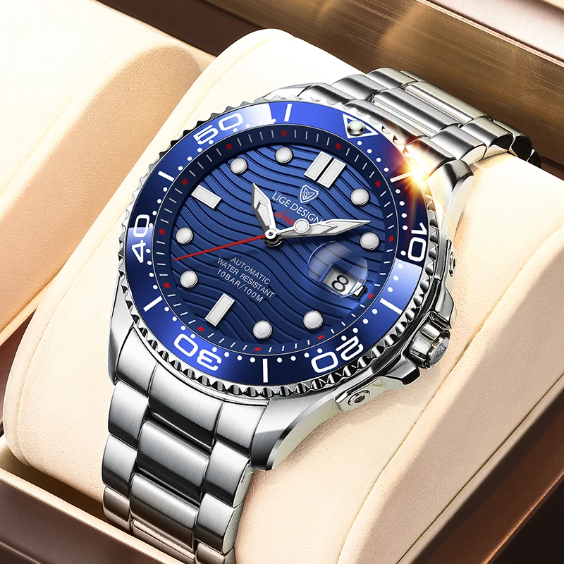 

2022 LIGE Fashion Diving Automatic Mechanical Mens Watches Top Brand Luxury 100M Waterproof Clock 3D Date All Steel Watch+Box
