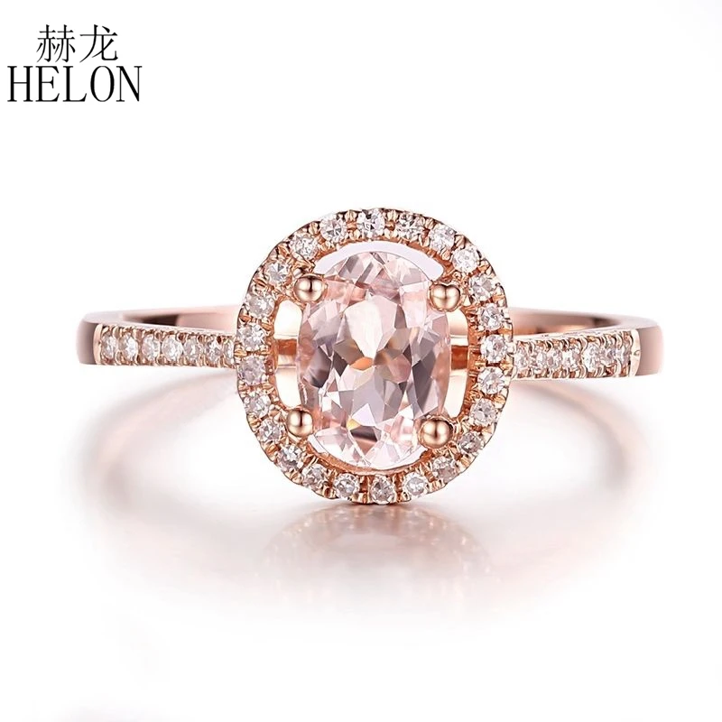 HELON Solid 10K Rose Gold Flawless Oval 7x5mm Natural Morganite Diamond Ring Women Wedding &amp Anniversary Band Fine Jewelry Gift |