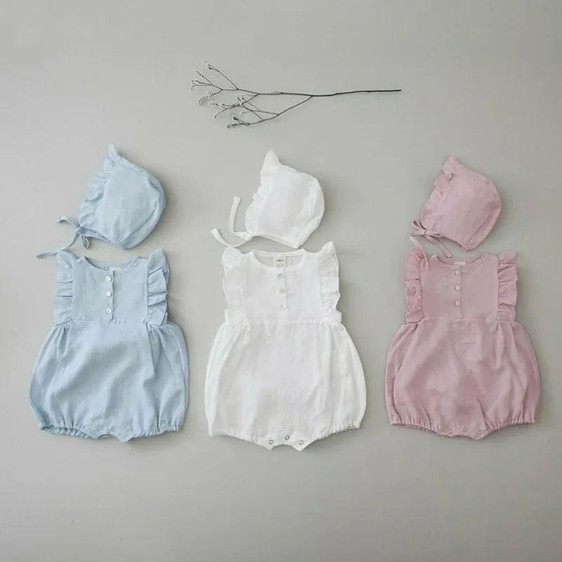 

2021 Summer New Newborn Infant Baby Cotton Soft Sleeveless Bodysuit Toddler Kid Flower Edge Solid Fashion Bodysuits + Hat