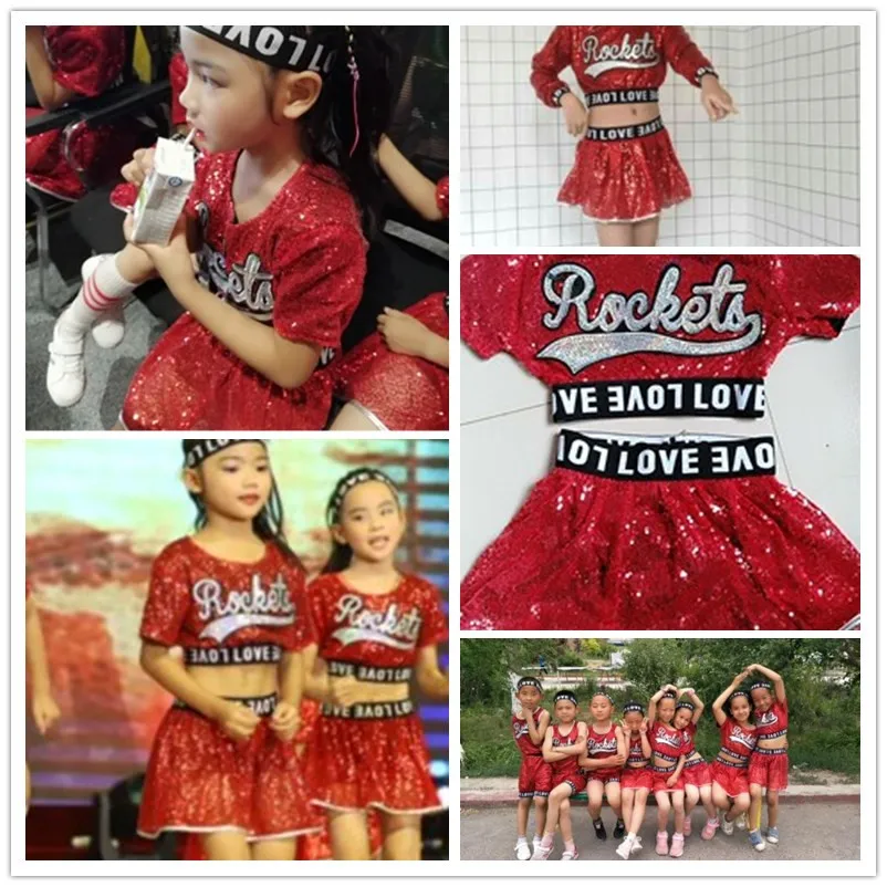 Красный Детский костюм для джазовых танцев с блестками в стиле хип-хоп блестящие