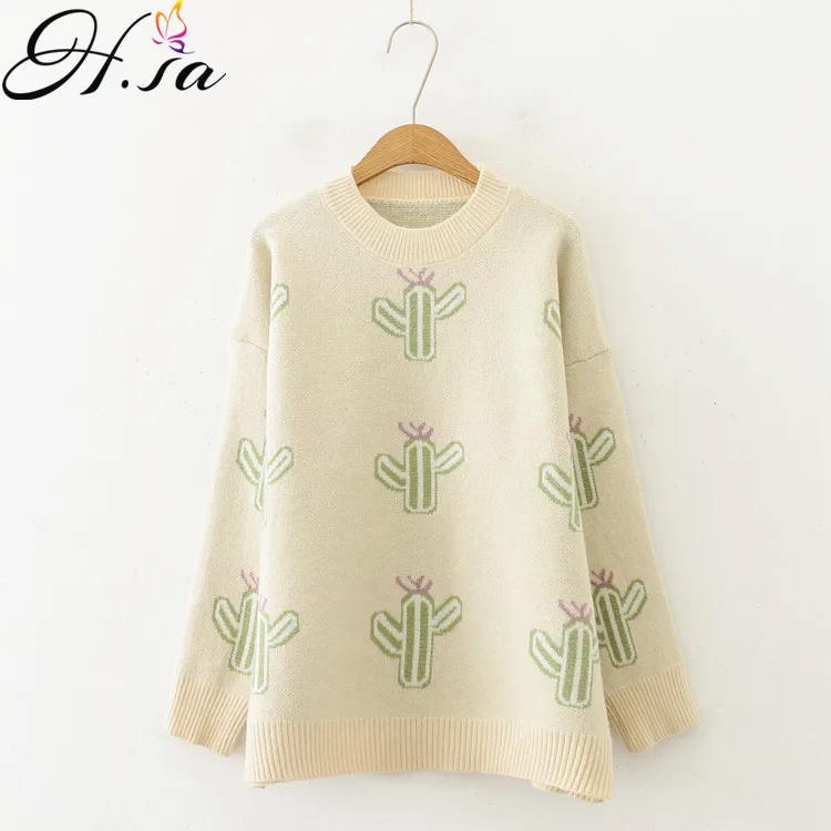 H.SA ropa mujer invierno 2019 Fall Fashion cactus Loose Sweater Jumpers Long Sleeve Warm Winter Knit Pullovers Kawaii Girls Pull | Женская