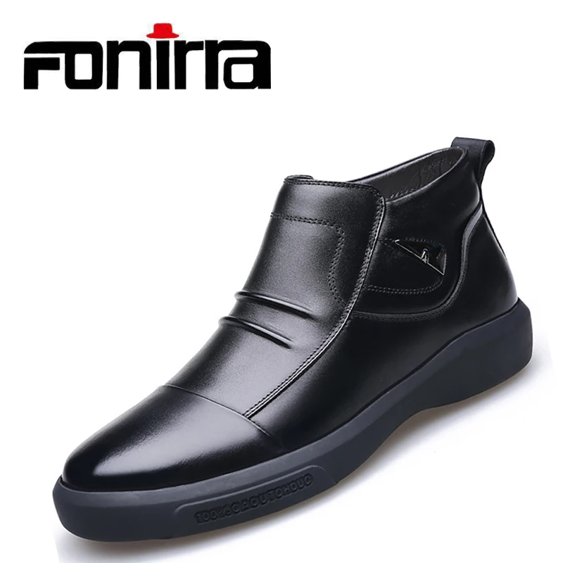 

FONIRRA Fashional Genuine Cow Leather Men Boots British Style Casual Thicken High Top Side Zip Shoes Black Low Heel Boots 365