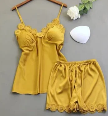 

2Pcs Women Summer Pajama Set Solid-Color Spaghetti Straps V-Neck Top + Close-Fitting Shorts with Floral Lace Embroider for Girls