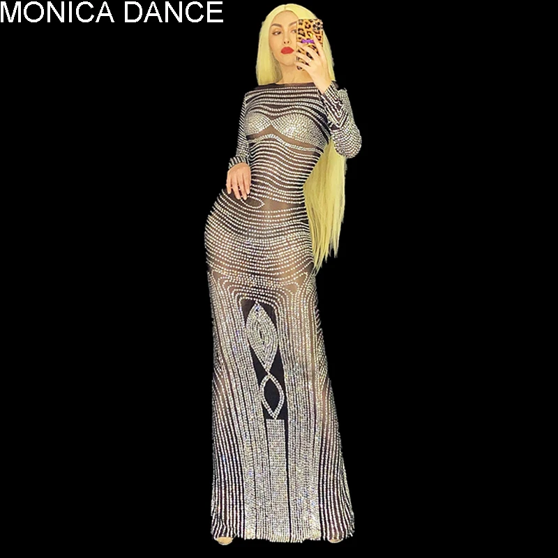 

Women Sexy Stage Silver Luxury Rhinestone Transparent Black Mesh Long Dress Dancer Bar Show Wedding Birthday Party Evening Dress