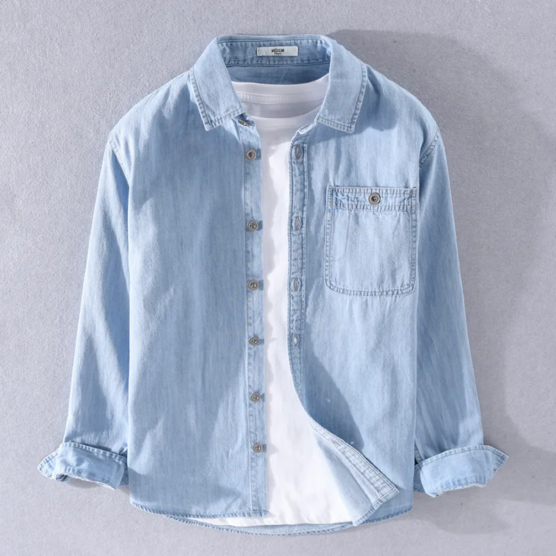 

Spring and autumn casual men's jeans long sleeve shirt solid color handsome simple versatile fashion men's cotton shirt 9373