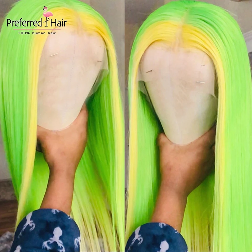 Lime Green Highight Предпочтительный предварительно выщипанный синий Лайм зеленый Highight парик фронта шнурка Омбре человеческих волос парик бразильский Remy прозрачный парик шнурка для женщин - Цвет: Lime Green Highight