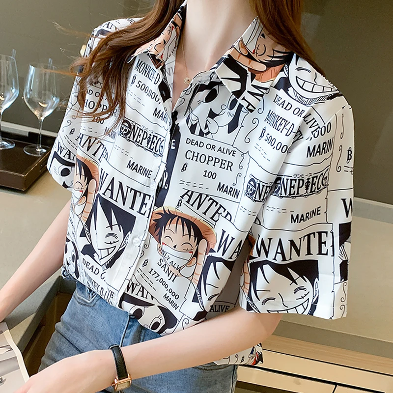 

Мультфильм печатных через Размеры d рубашки модная Женская Корейская обувь; 2021 Повседневная летняя одежда с коротким рукавом, Свободная блу...