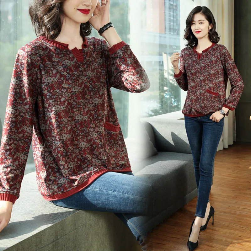 

Middle-aged women's T-shirt floral long-sleeved jacket loose large size pullover bottoming shirt mother spring and autumn tops