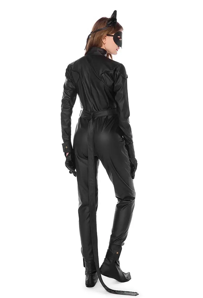 

Cat Woman Cat Man Cosplay Costume Black Artificial Leather Jumpsuit Bell Carnival Halloween Cosplay Costume Anime Cat Cos