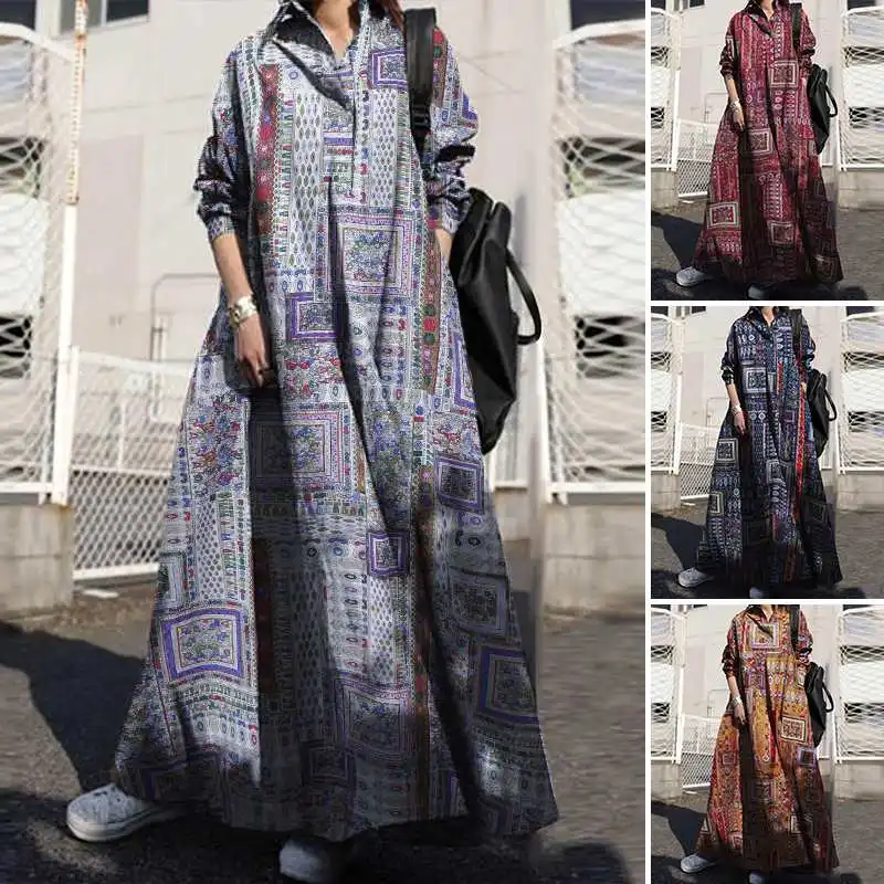 

Floral Printed Long Dress ZANZEA Plus Size Vintage Sundress Women Autumn Lapel Neck Retro Long Sleeve Loose Baggy Vestido Kaftan
