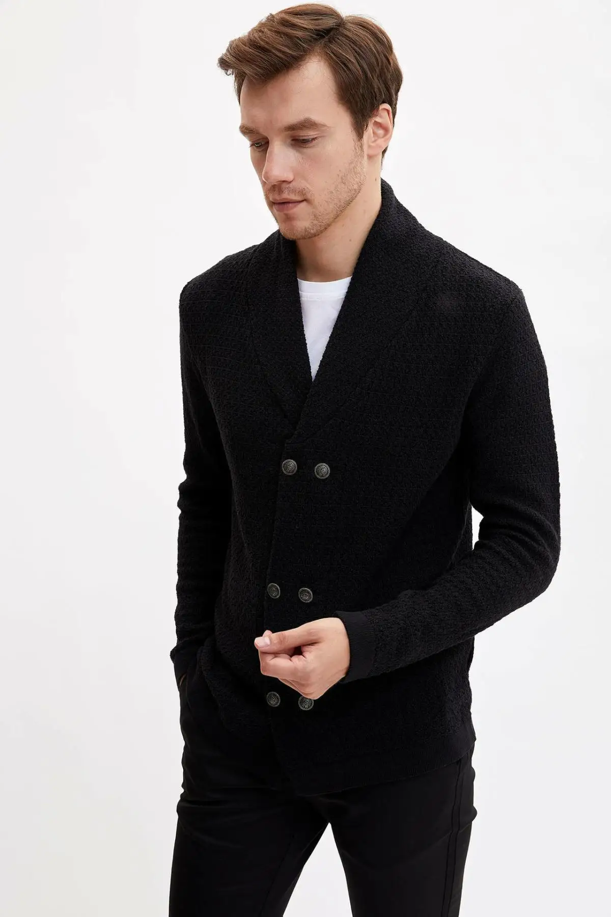 DeFacto мужской осенний черный вязаный кардиган пальто повседневный Свободный