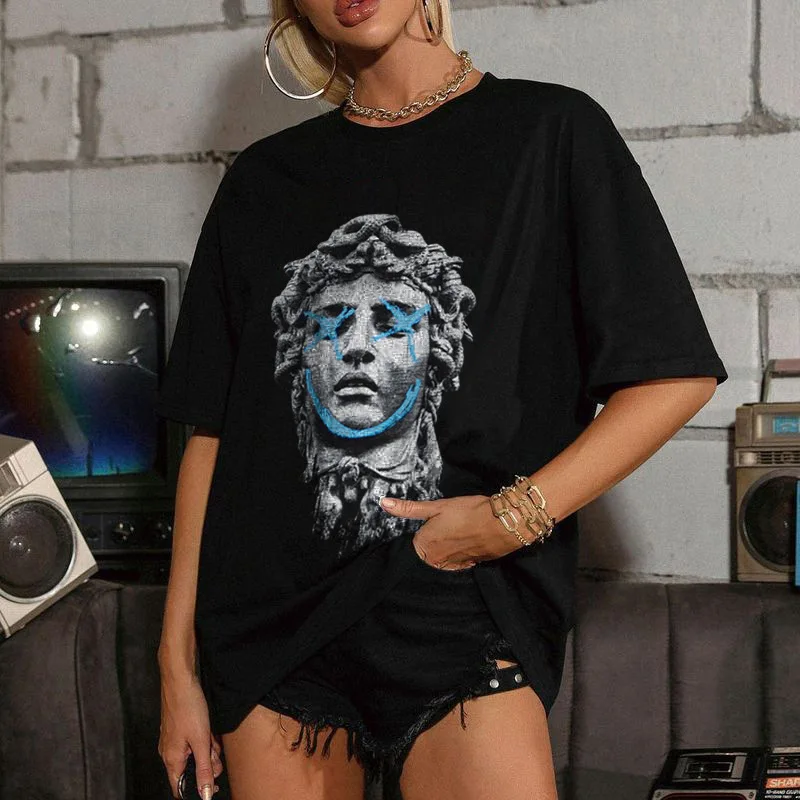 

Топы больших размеров d, летняя одежда стандартного размера, Женская свободная повседневная черная женская футболка с коротким рукавом и пр...