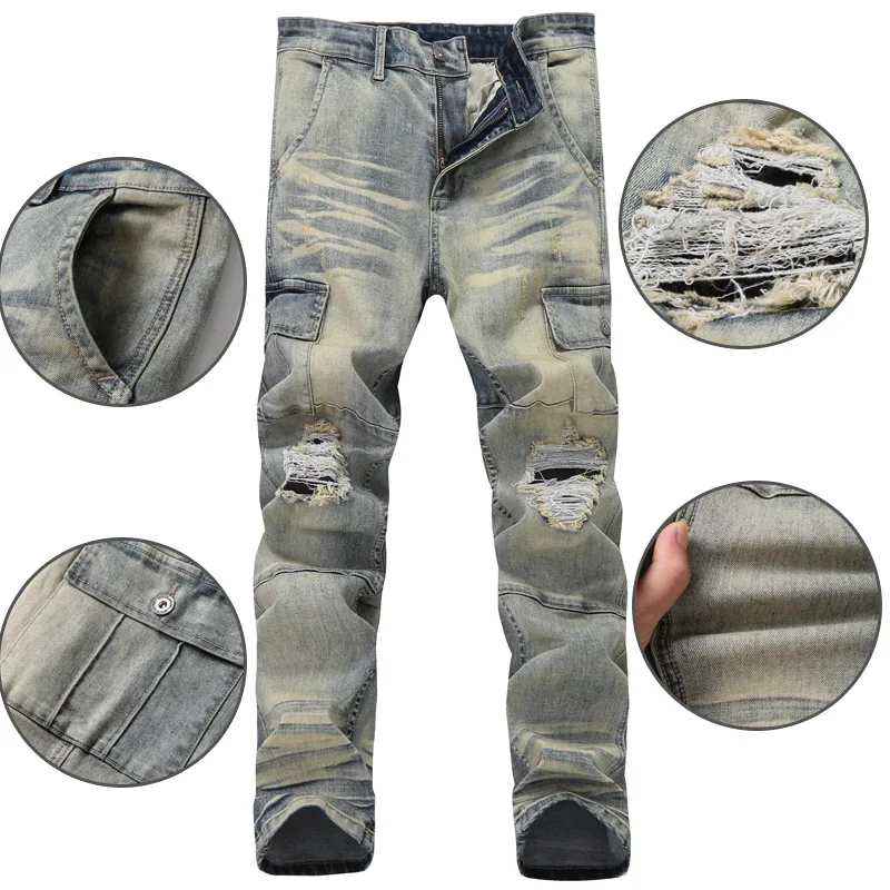 2021 European American Style Multi-Pocket Ripped Denim Trousers Men's Jeans Slim Straight Casual Designer Comfortable Biker Pant