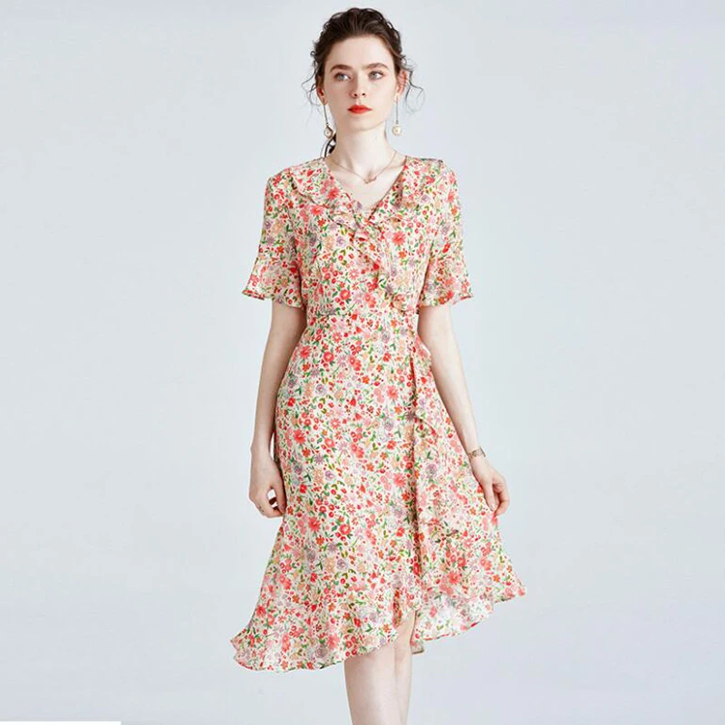 

Fashion Women Shell 100% Silk Dress High Quality V-neck Elegant Party Summer Long Floral Print Dresses