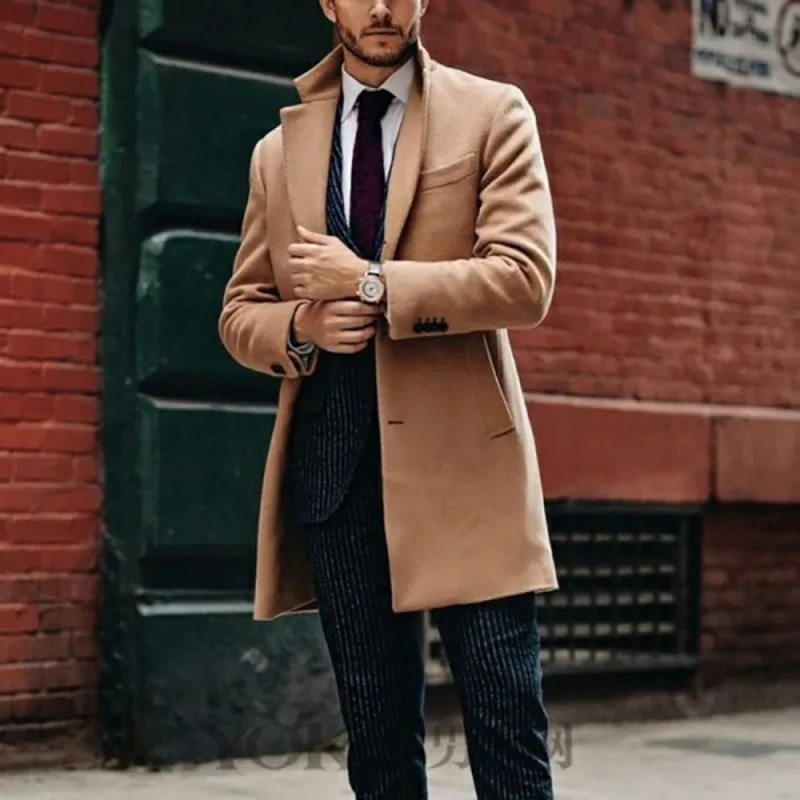 Mens British Mens Mid-length Long-sleeved Woolen Coat Autumn and Winter Woolen Coat Trend Long Overcoat Men Warm and Comfortable